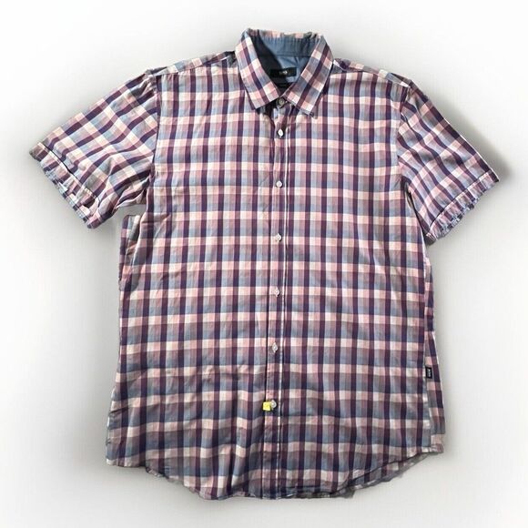 Hugo Boss Shirt Mens Large Purple Blue Plaid Slim Fit Cotton Button Front Casual - Picture 1 of 10